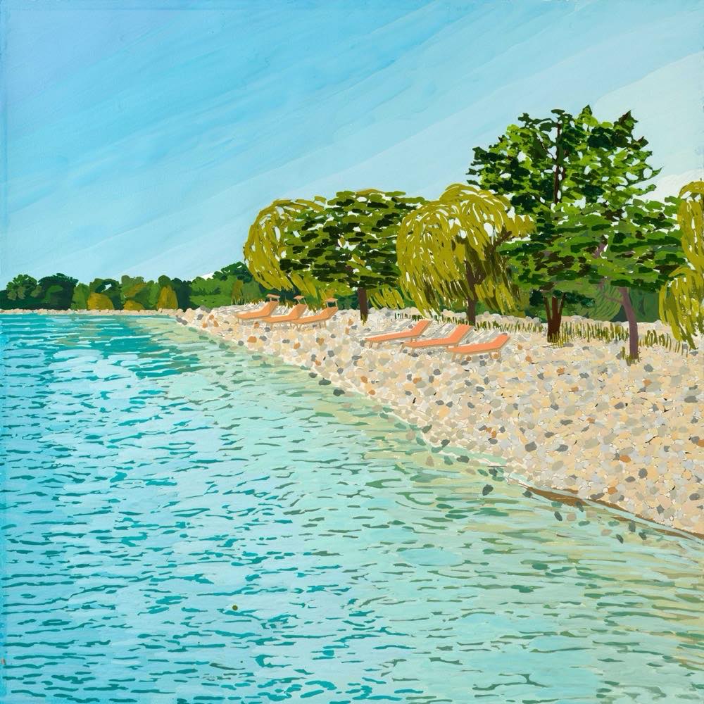 South Banks waterfront townhomes illustration showing Lakeview Village waterway, parks and bridge