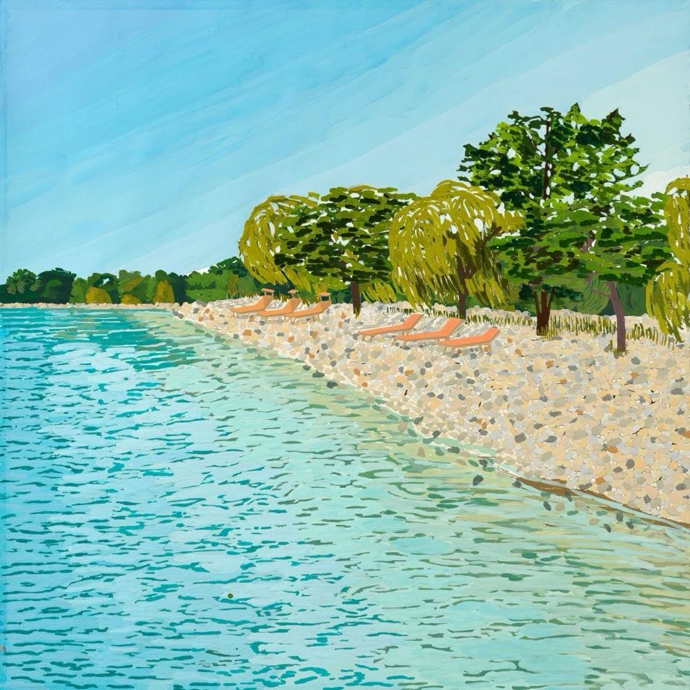 South Banks Lakeview Village lakeside shoreline with turquoise water and willow trees