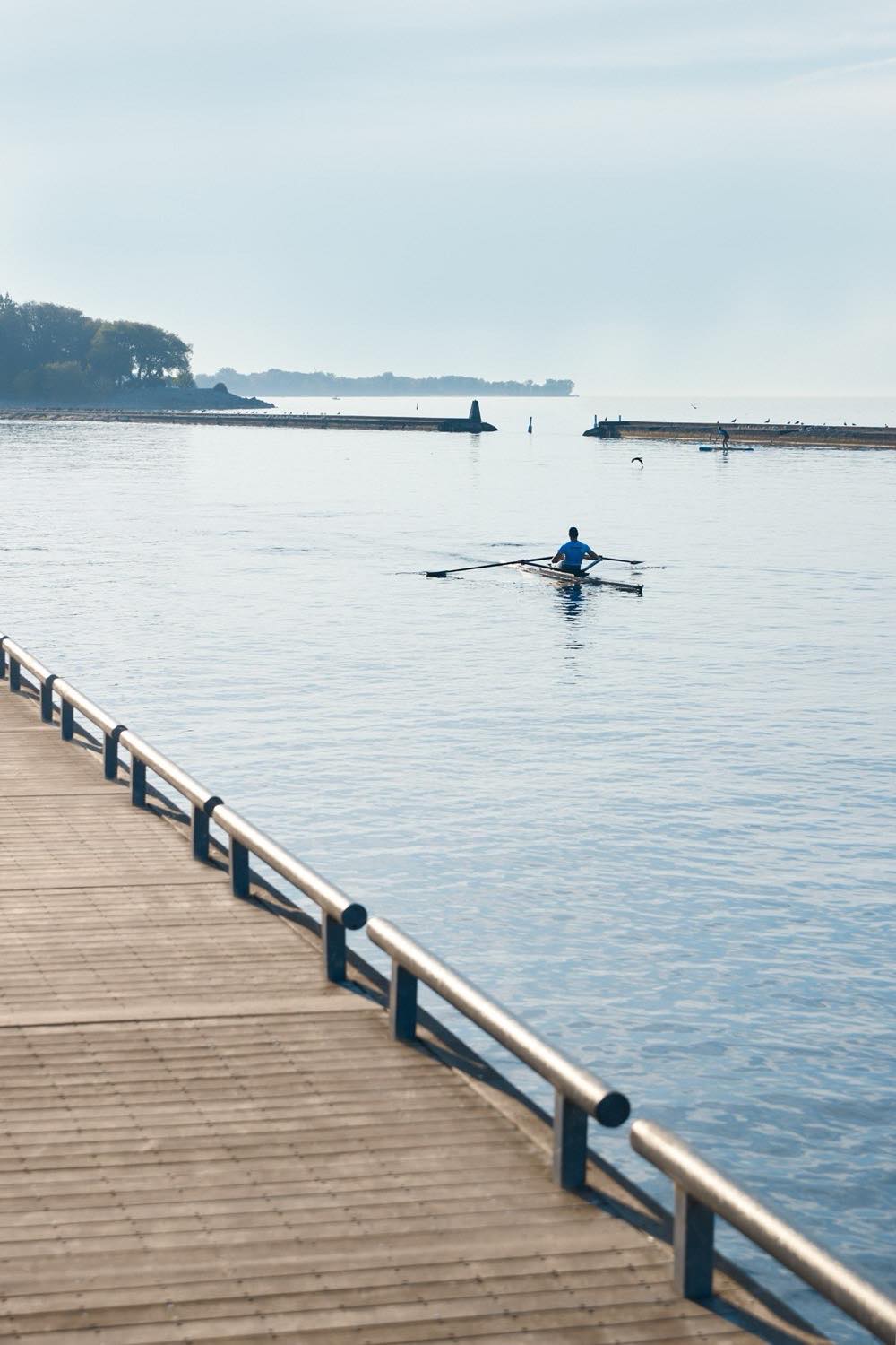 South Banks waterfront pier with rowing on Lake Ontario, Mississauga